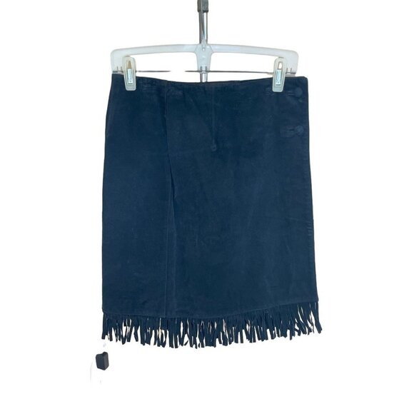 Midi Leather Wrap Vintage Black Suede Pencil Skirt with Fringe - Picture 1 of 13